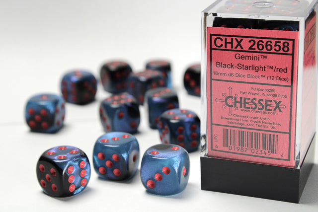 Chessex - 12D6 - Gemini - Black-Starlight/Red Pips