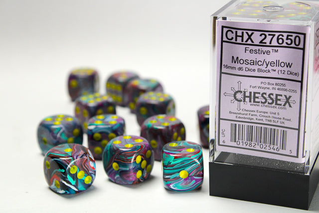 Chessex - 12D6 - Festive - Mosaic/Yellow Pips