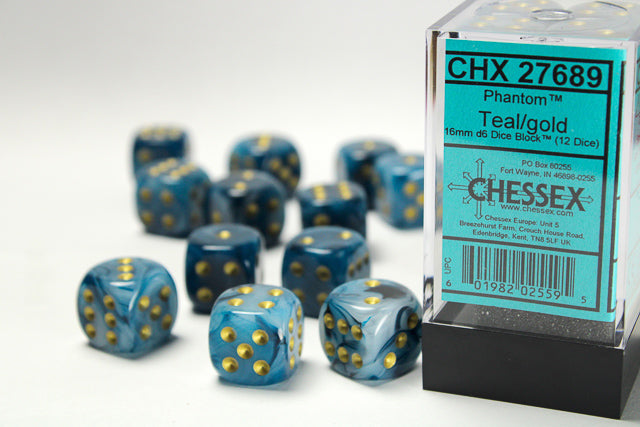 Chessex - 12D6 - Phantom - Teal/Gold Pips