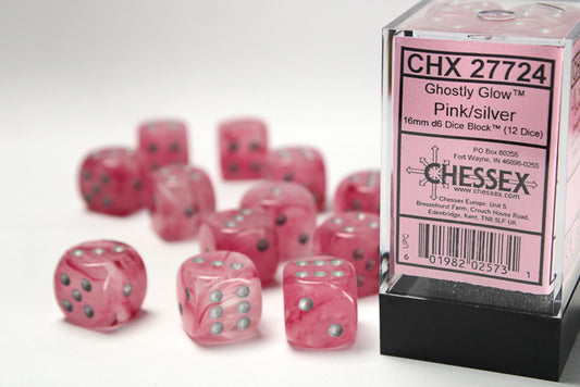 Chessex - 12D6 - Ghostly Glow - Pink/Silver Pips
