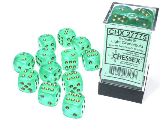 Chessex - 12D6 - Borealis - Light Green/Gold Pips