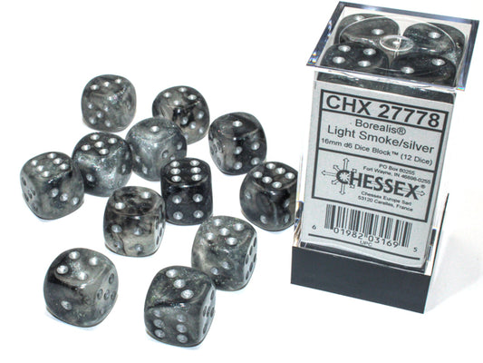 Chessex - 12D6 - Borealis - Light Smoke/Silver Pips