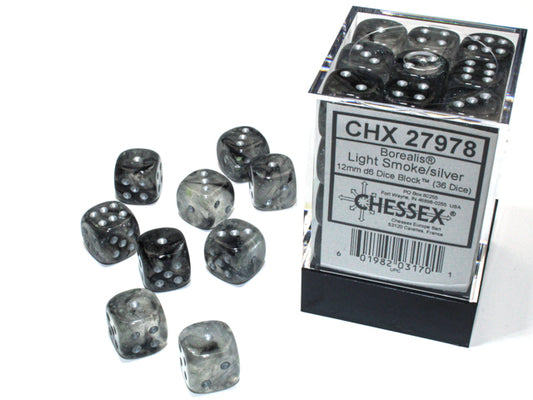 Chessex - 36D6 - Borealis - Light Smoke/Silver Pips