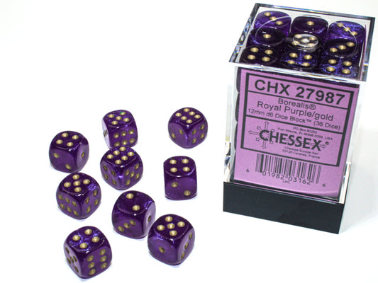 Chessex - 36D6 - Borealis - Royal Purple/Gold Pips