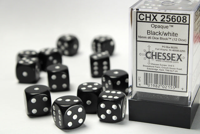 Chessex 12D6 Opaque Black dice set with white pips – durable gaming dice for RPGs, Warhammer, and tabletop strategy games.