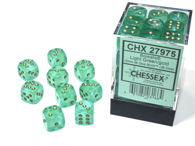 Chessex 36D6 Borealis Light Green dice set with gold pips – luminous gaming dice for RPGs, Warhammer, and tabletop strategy games.