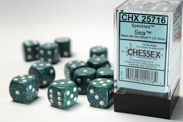 Chessex 36D6 Speckled Sea dice set with white pips – premium gaming dice for Warhammer, tabletop RPGs, and board games.