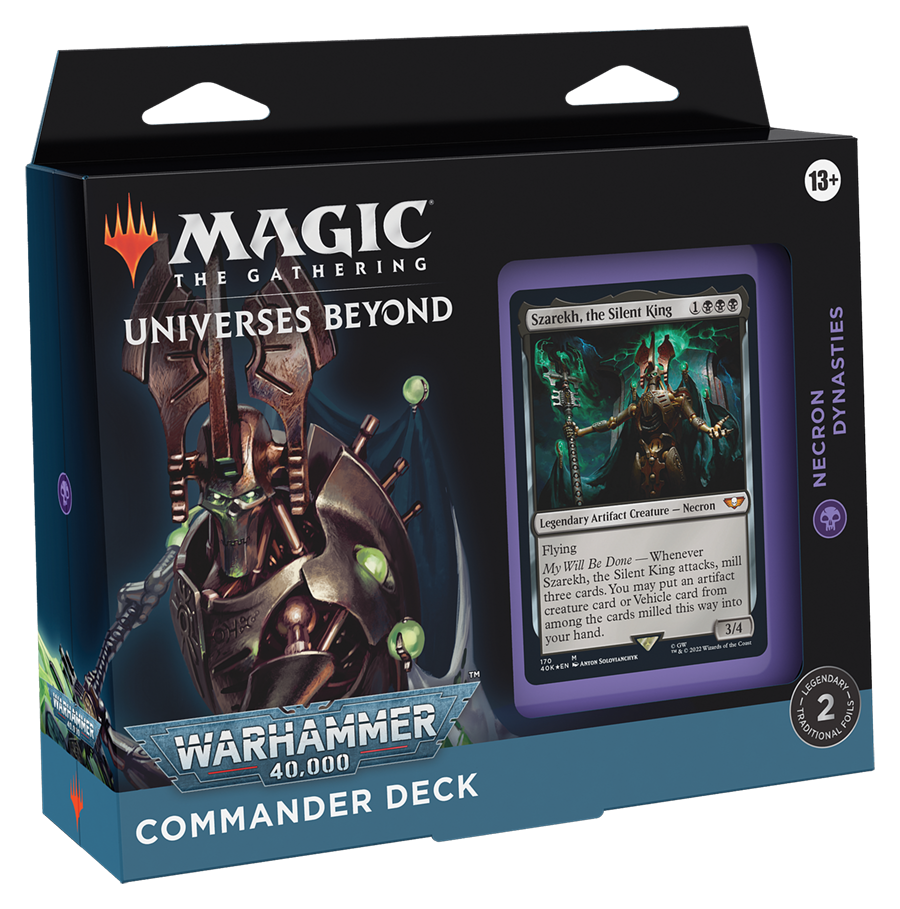 Magic: The Gathering Warhammer 40,000 Commander deck with 100 cards, foil-etched commander, and Warhammer-themed exclusives.