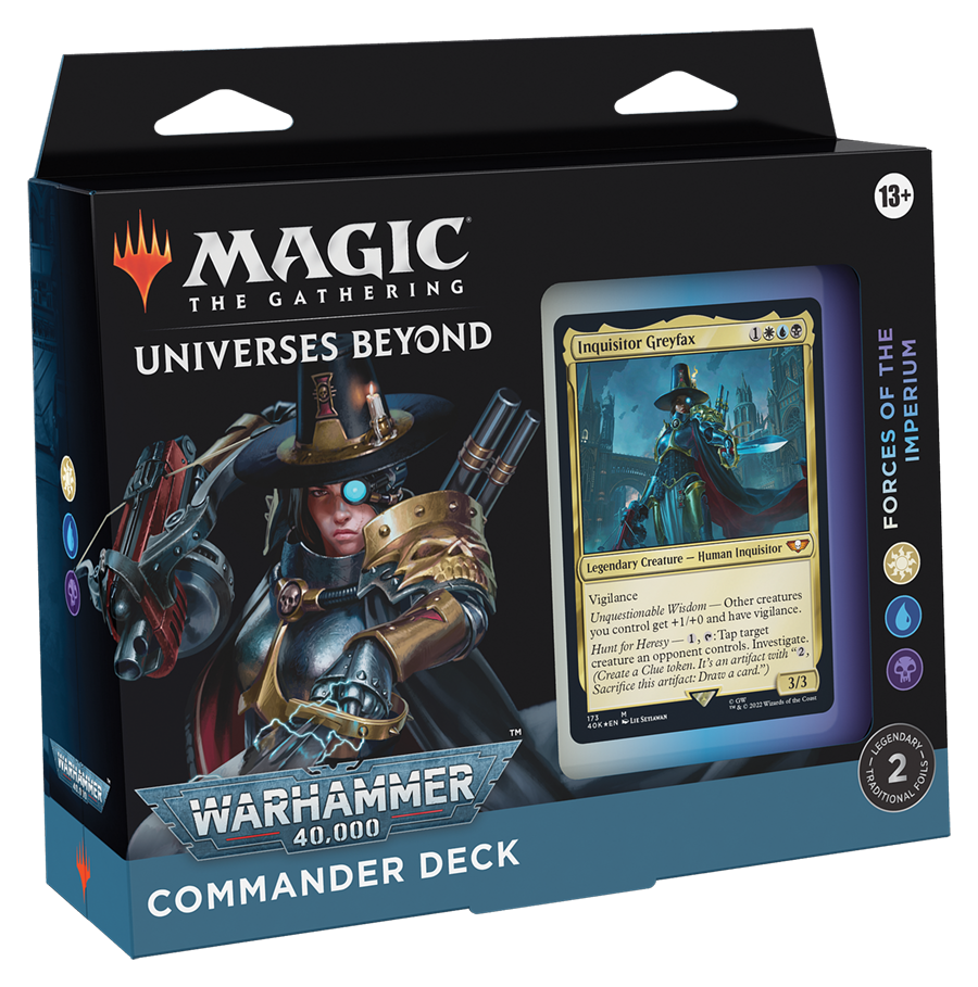 Warhammer 40,000 Commander Deck set featuring 100 cards, foil-etched Display Commander, tokens, life tracker, and deck box.