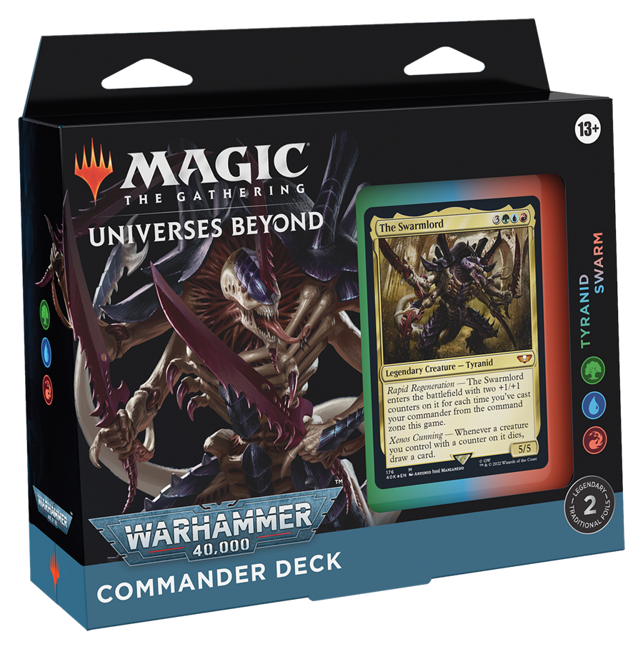 Warhammer 40,000 Commander Deck with 100 cards, foil-etched Commander, tokens, life tracker, and deck box.