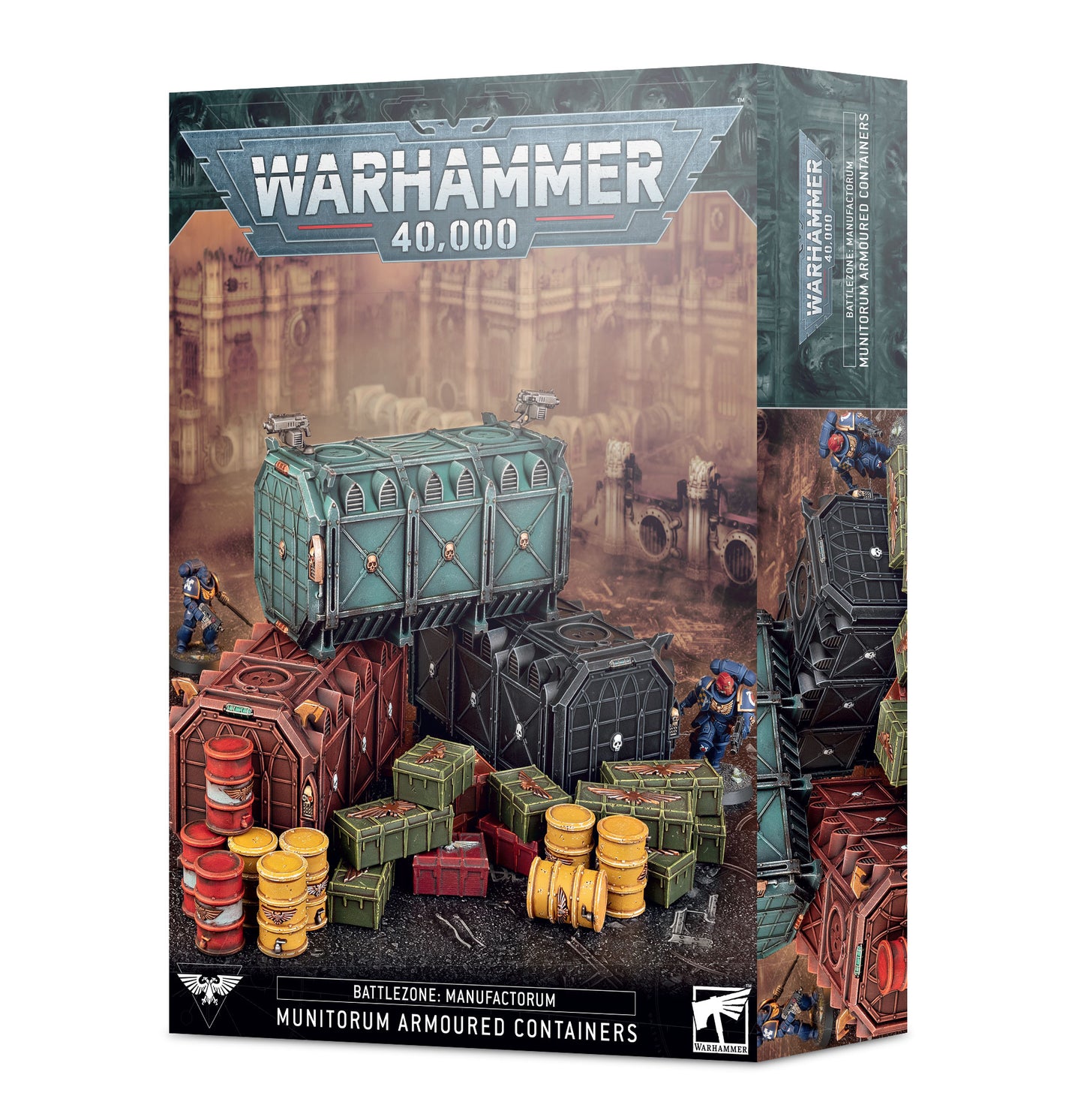 Warhammer 40,000 terrain set featuring Munitorum Armoured Containers, Promethium barrels, and Supply crates.