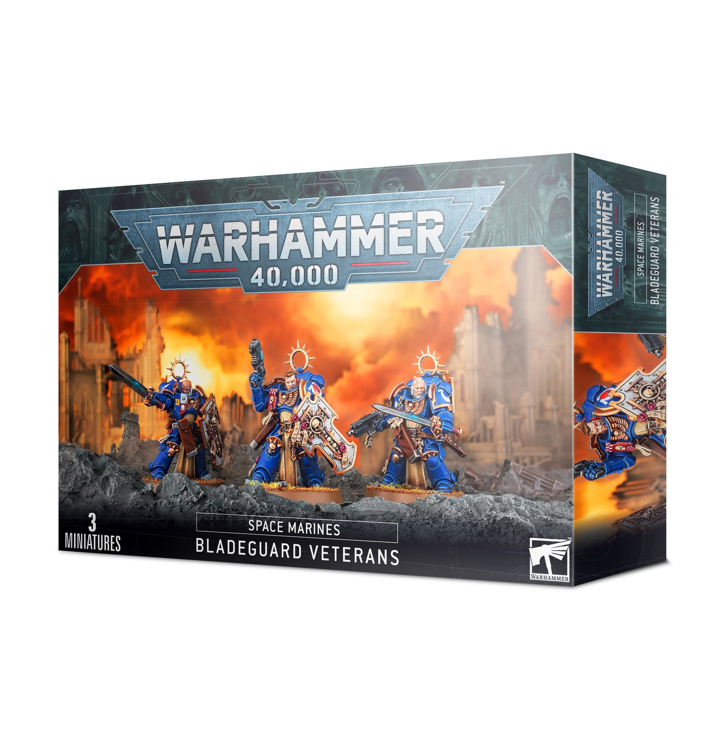 Three Bladeguard Veterans with Ultramarines transfer sheet, built from a 78-part plastic kit, on 40mm Citadel round bases.
