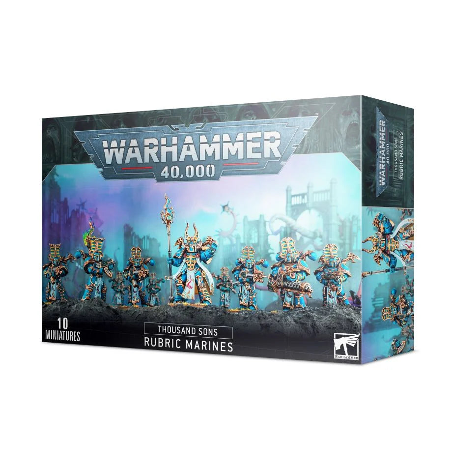 Rubric Marines kit with 10 models, featuring Inferno boltguns, warpflamers, and an Aspiring Sorcerer option.
