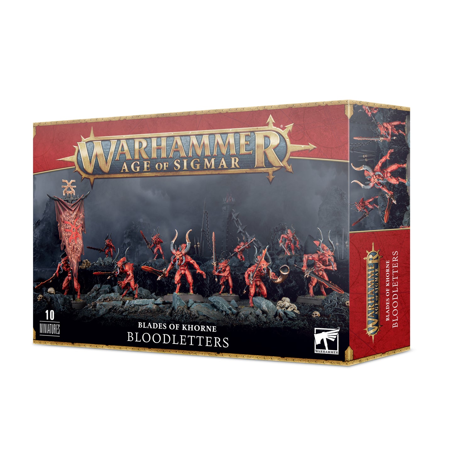 Warhammer Age of Sigmar Blades of Khorne Bloodletters plastic kit with 10 miniatures, extra parts for customization, and 10 Citadel 32mm round bases.