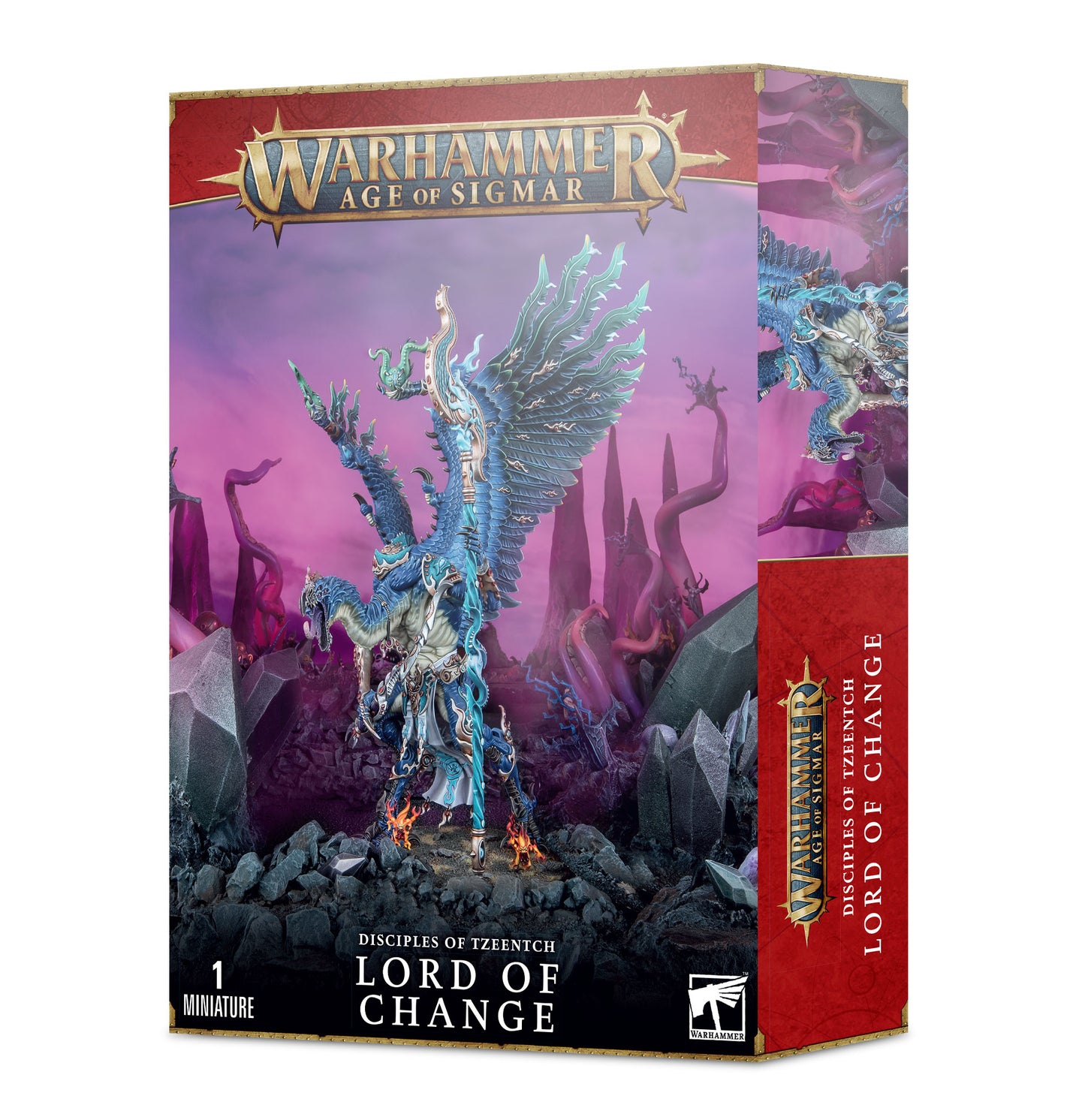 Warhammer Age of Sigmar Lord of Change or Kairos Fateweaver kit with 72 components and Citadel 100mm round base for assembling Disciples of Tzeentch miniature.