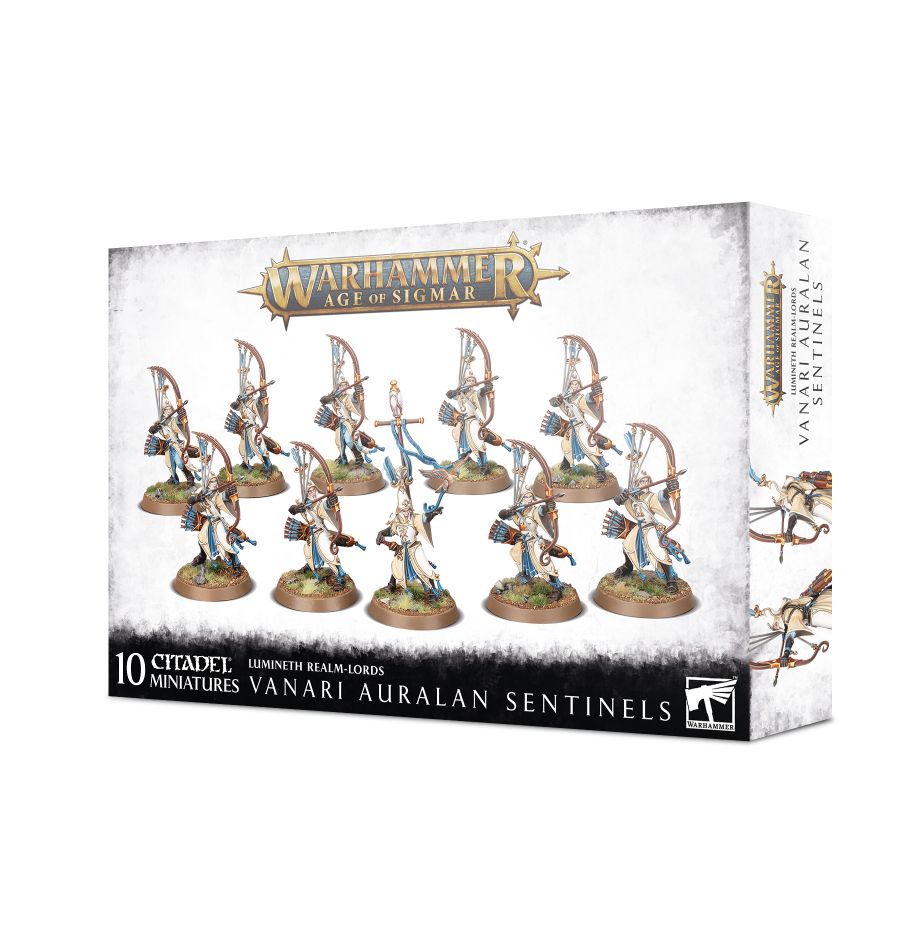 Warhammer Age of Sigmar Lumineth Realm-lords Auralan Sentinels kit with customizable bows, quivers, and High Sentinel option.