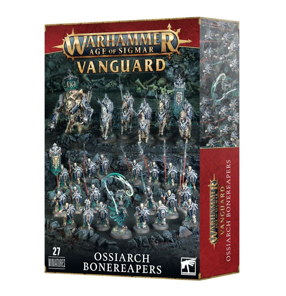 Ossiarch Bonereapers set featuring Mortisan Soulreaper, Gothizzar Harvester, Kavalos Deathriders, and Mortek Guard, supplied with bases, unpainted and unassembled.