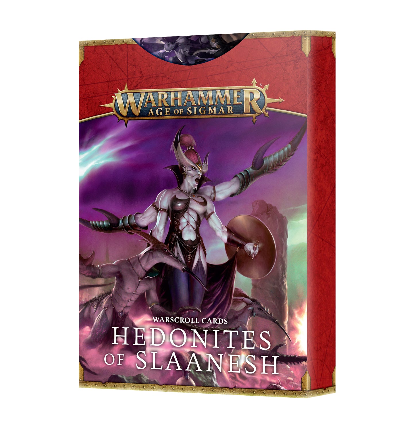 Hedonites of Slaanesh warscroll card pack including single and folding cards, plus double-sided tokens for spells and abilities.