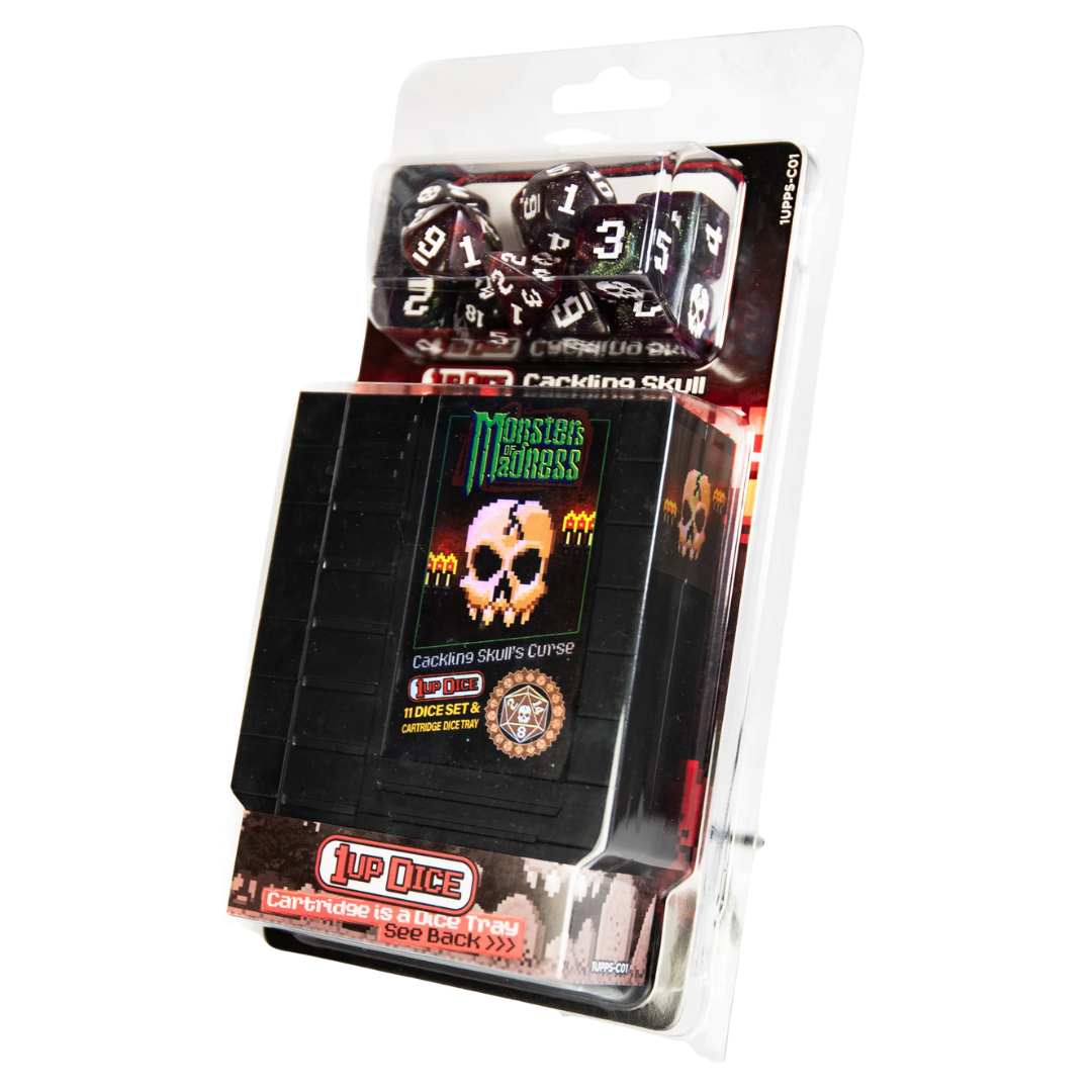 Infinite Black 1UP polyhedral dice set Cackling Skull with magnetic rolling tray and fabric dice bag