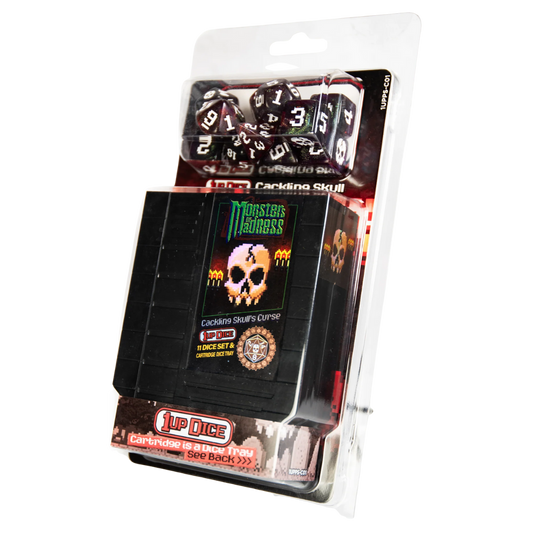 Infinite Black 1UP polyhedral dice set Cackling Skull with magnetic rolling tray and fabric dice bag