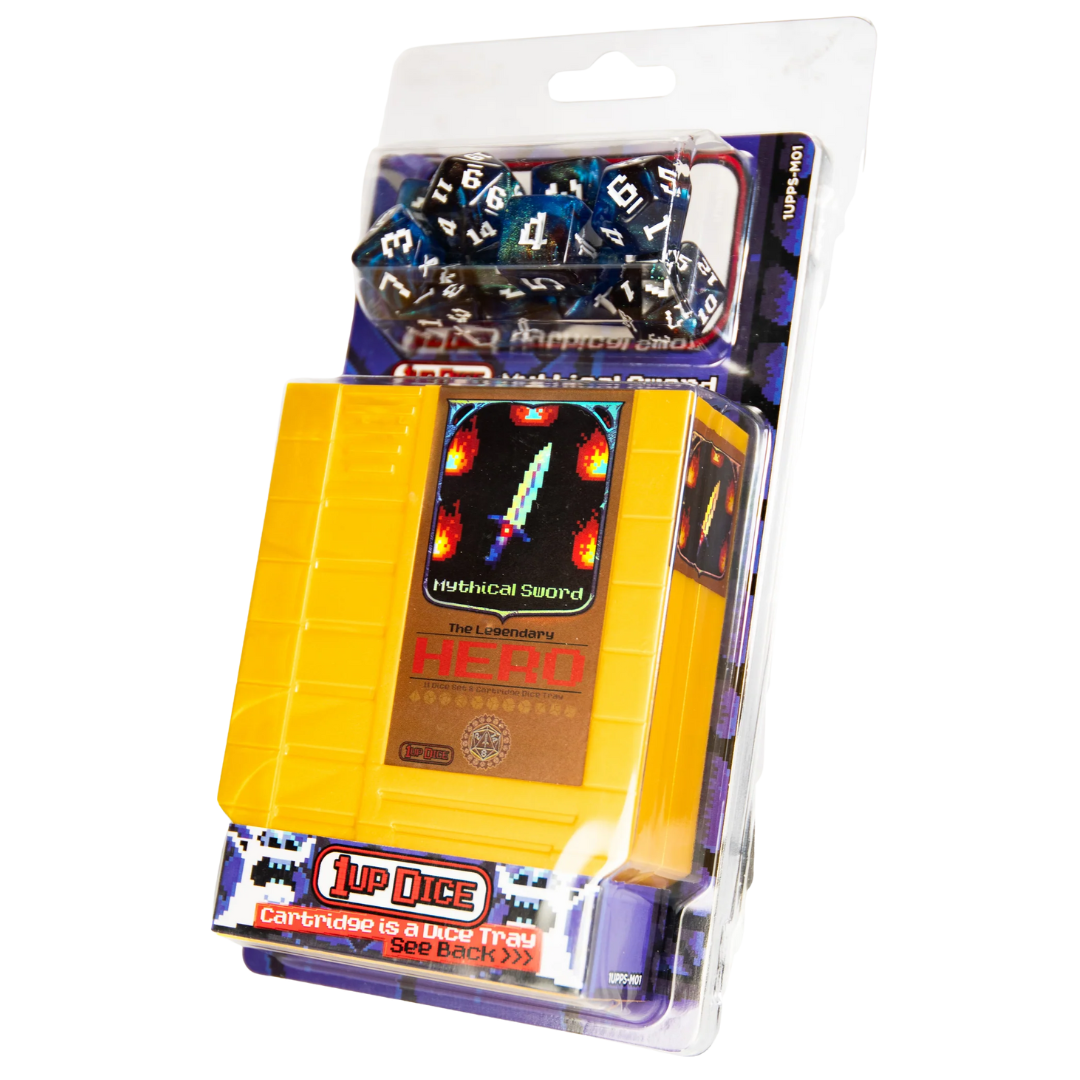 Infinite Black 1UP Dice Mythical Sword polyhedral 7-die set for tabletop RPGs with fantasy-inspired design