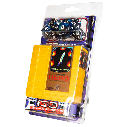 Infinite Black 1UP Dice Mythical Sword polyhedral 7-die set for tabletop RPGs with fantasy-inspired design