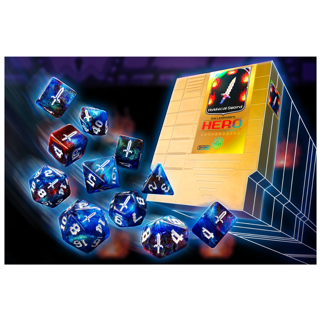 Infinite Black 1UP Dice Mythical Sword polyhedral 7-die set for tabletop RPGs with fantasy-inspired design