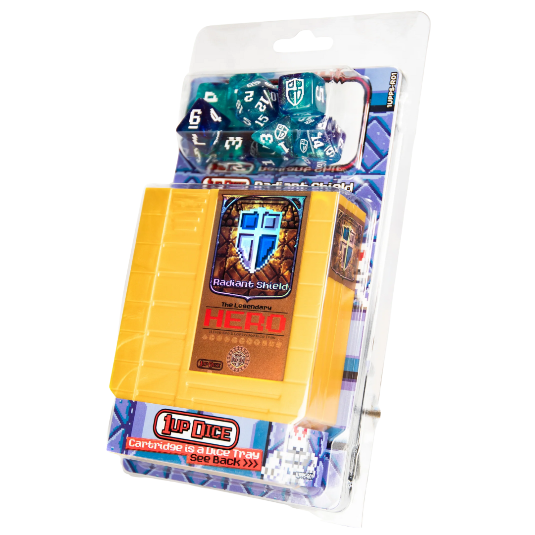 Infinite Black 1UP polyhedral dice set Radiant Shield with magnetic rolling tray and fabric dice bag