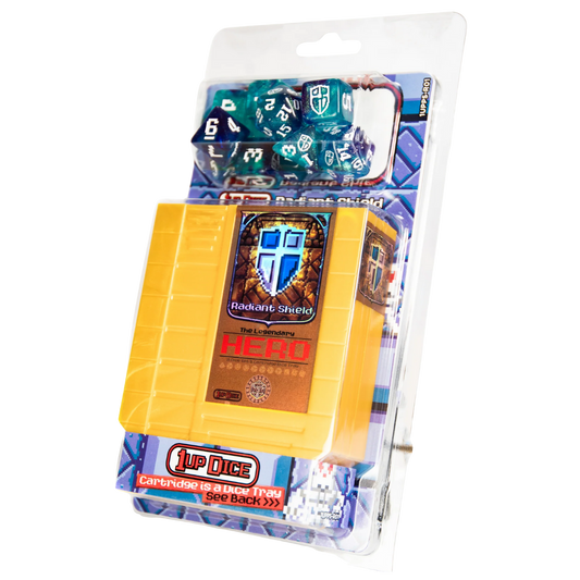 Infinite Black 1UP polyhedral dice set Radiant Shield with magnetic rolling tray and fabric dice bag