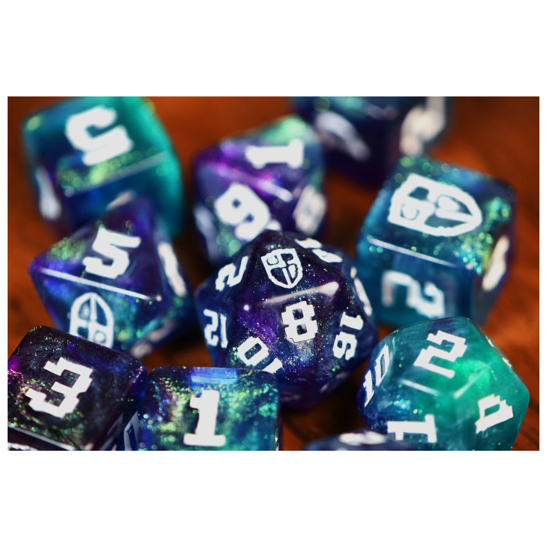 Infinite Black 1UP polyhedral dice set Radiant Shield with magnetic rolling tray and fabric dice bag