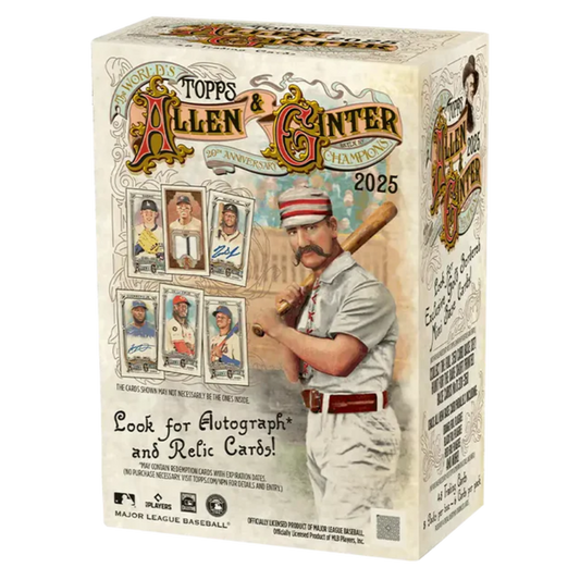 2025 Topps Allen & Ginter Baseball Value Blaster Box with sealed packs of baseball cards and vintage style design