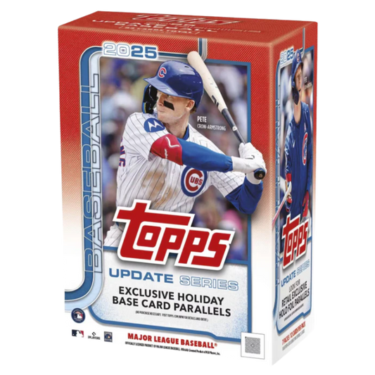 2025 Topps Baseball Update Series Blaster Box with Cubs player artwork and Holiday Parallel branding