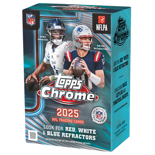 2025 Topps Chrome Football Value Blaster Box with NFL rookies and chrome refractor trading cards