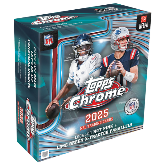 2025 Topps Chrome Football Mega Box with NFL trading cards and exclusive X-Fractor parallels