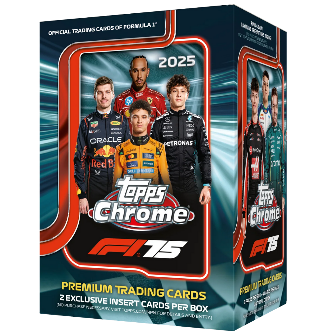 2025 Topps Chrome Formula 1 Racing Value Blaster Box featuring F1 drivers and premium chrome trading cards
