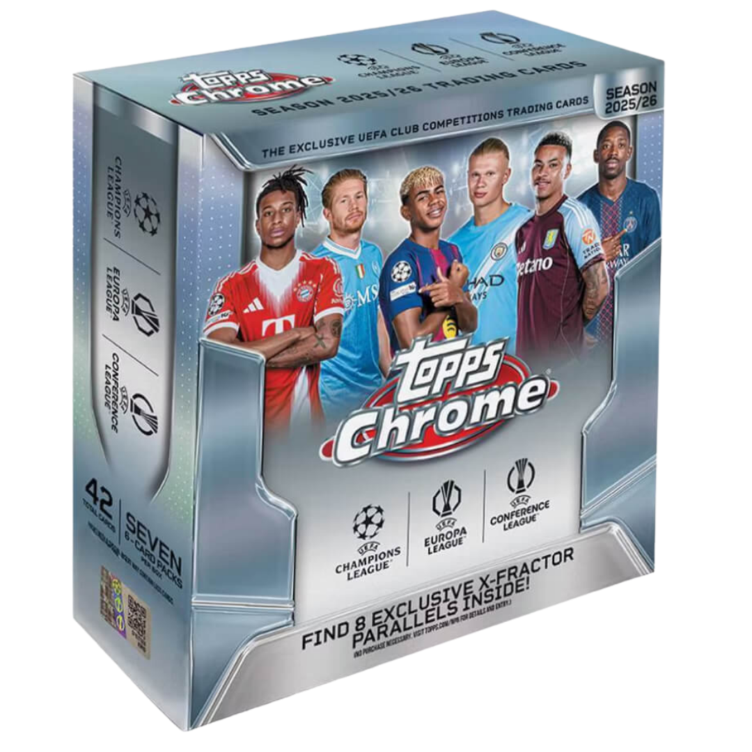 2025 Topps Chrome Soccer UEFA Club Competitions Mega Box with rookies, parallels, and rare Chrome inserts
