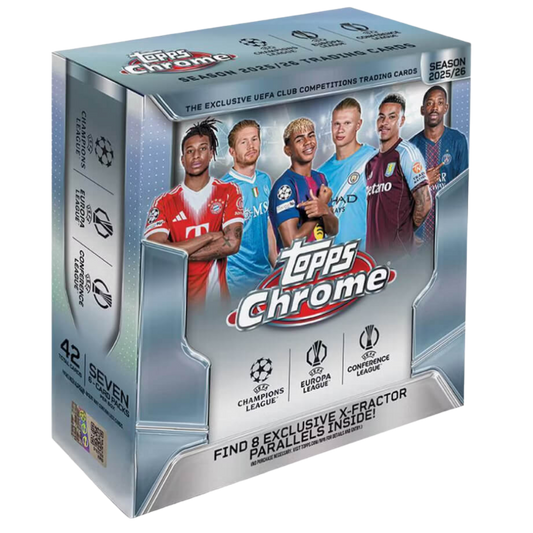 2025 Topps Chrome Soccer UEFA Club Competitions Mega Box with rookies, parallels, and rare Chrome inserts