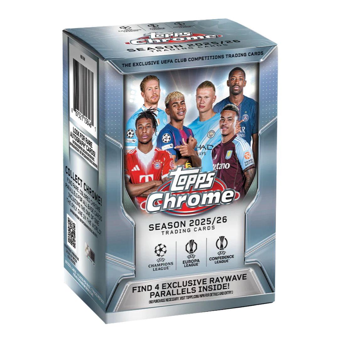 2025-26 Topps Chrome UEFA Club Competitions Value Box with rookies, Chrome inserts, and BIONIC cards