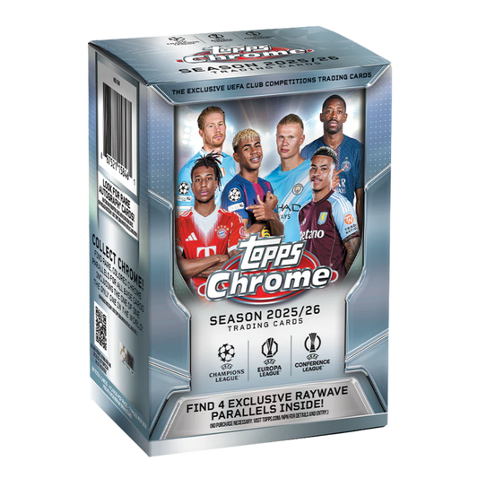 2025-26 Topps Chrome UEFA Club Competitions Value Box with rookies, Chrome inserts, and BIONIC cards