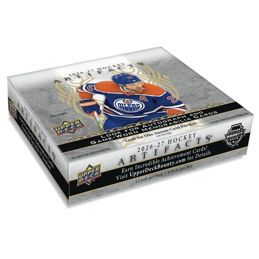 A boxed 2026-27 Hockey Artifacts card pack by Upper Deck, featuring a hockey player on the front with gold and black design elements on a white background.