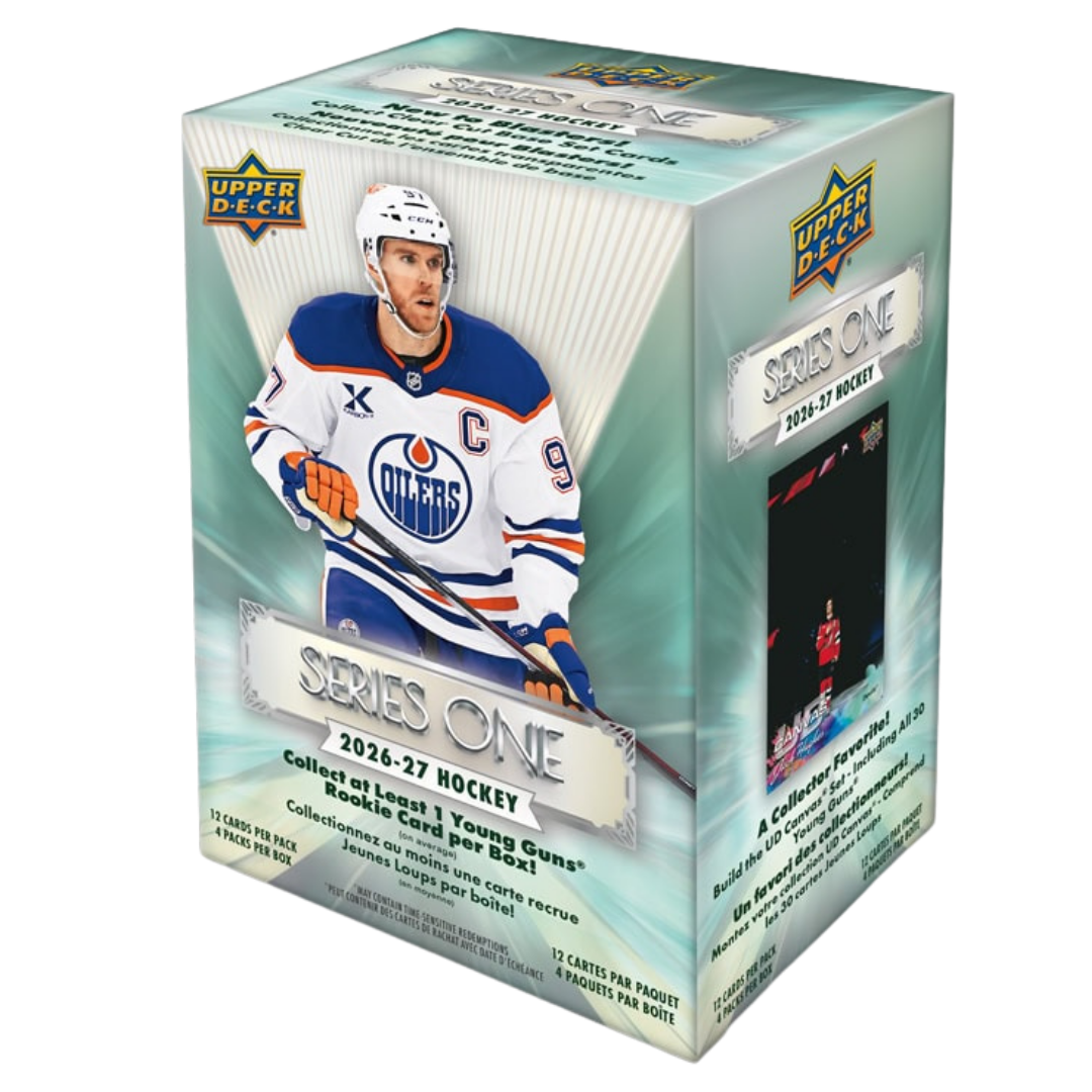 2026-27 Upper Deck Series 1 Hockey Blaster Box with 4 packs and 12 NHL trading cards per pack.