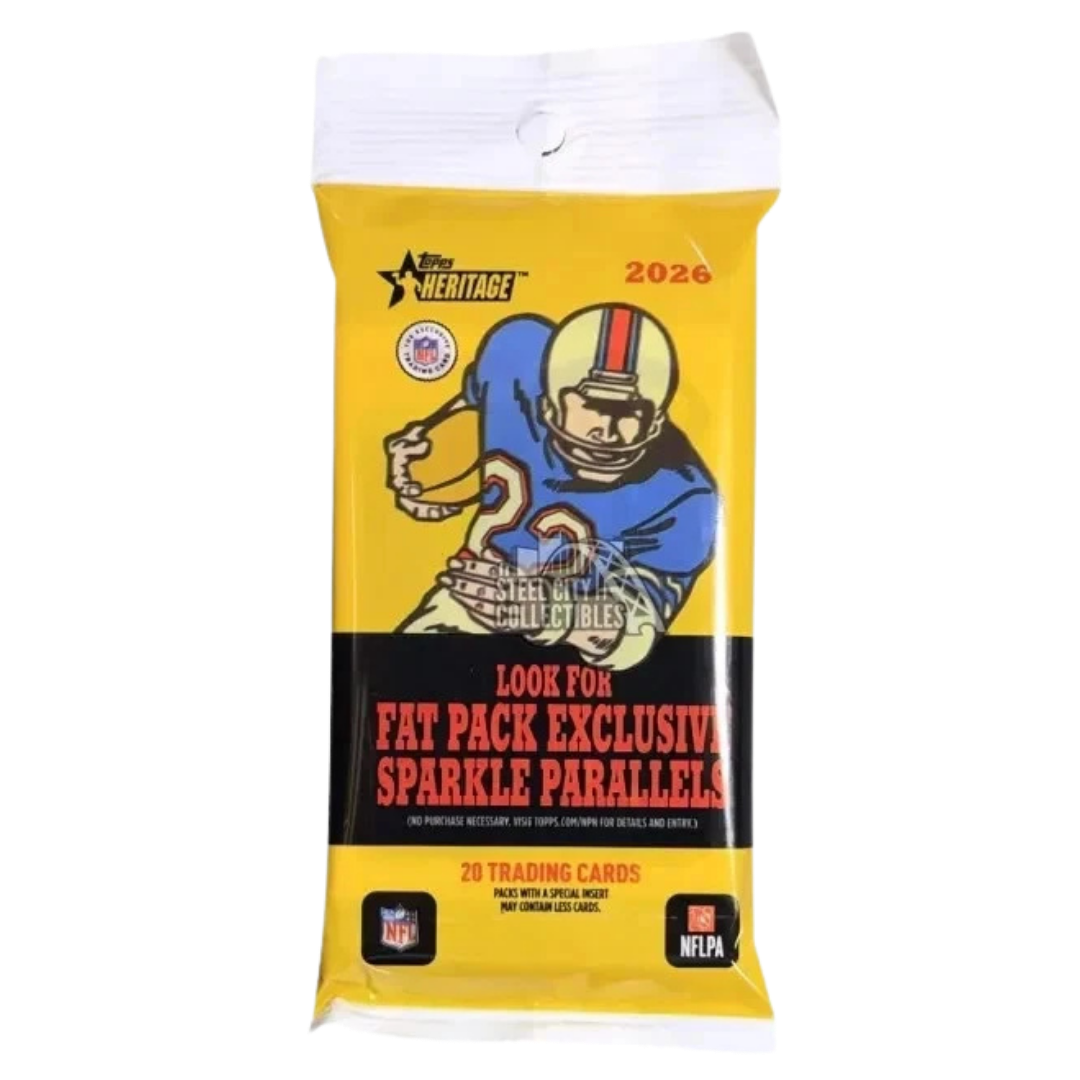 2026 Topps Heritage Football Fat Pack with 20 NFL trading cards and exclusive Sparkle Parallels