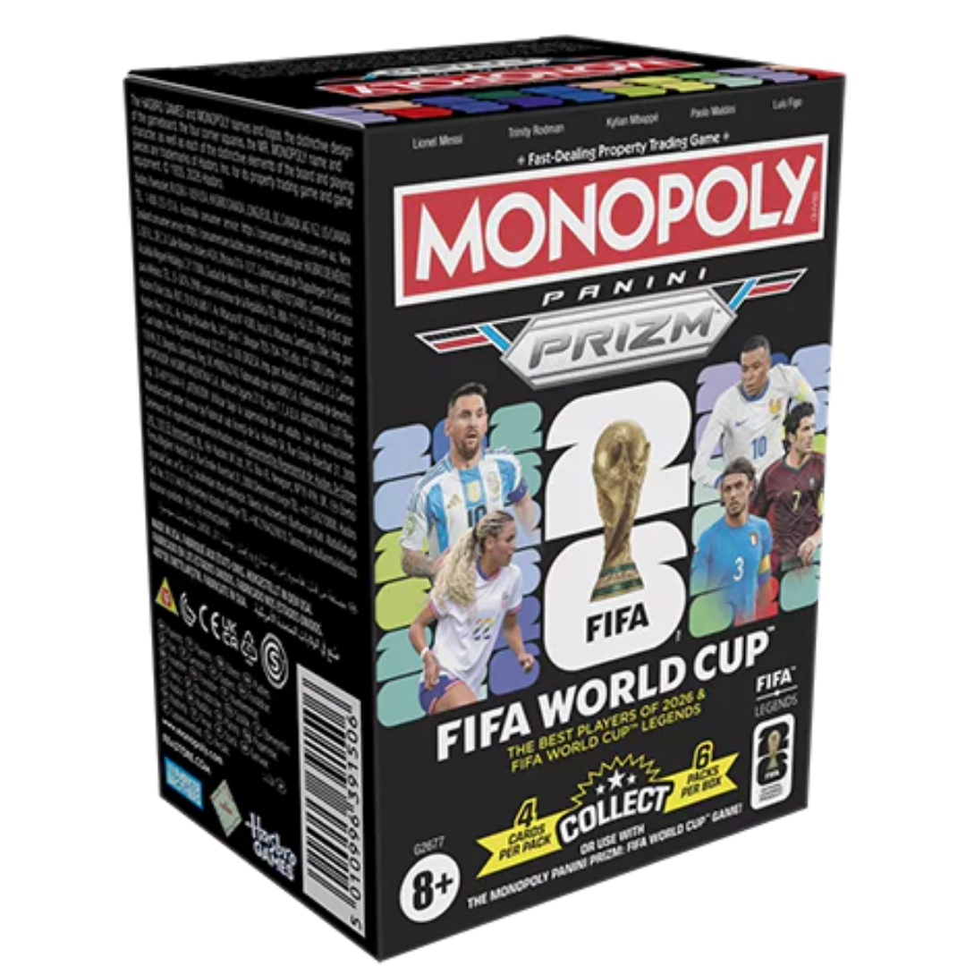 2026 Panini Prizm Soccer Monopoly Blaster Box featuring Prizm soccer trading cards and Monopoly themed parallels