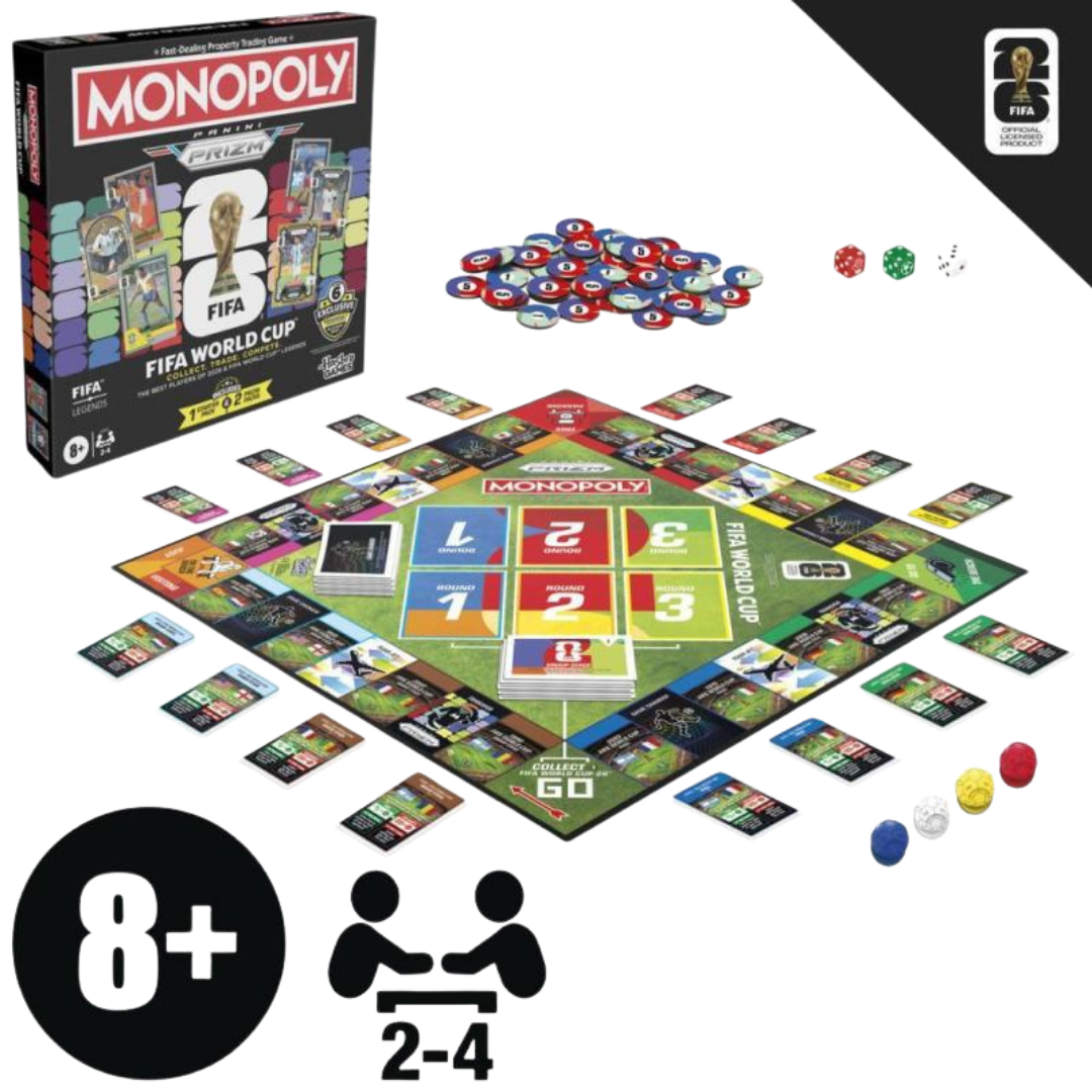 2026 Panini Prizm Soccer Monopoly Game board game featuring Prizm styled soccer cards and Monopoly gameplay