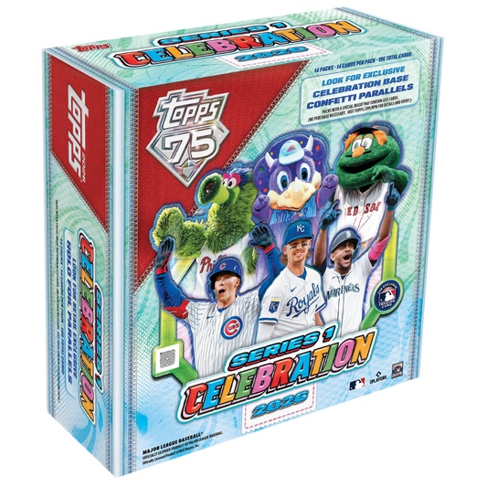 2026 Topps Baseball Series 1 Celebration Mega Box sealed box with MLB players and exclusive inserts display