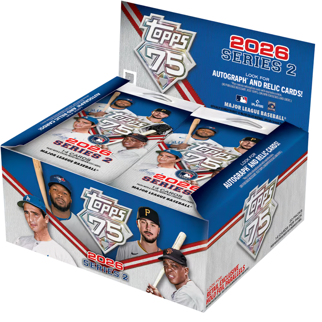 2026 Topps Baseball Series 2 Display Box with MLB rookies stars inserts and flagship trading cards