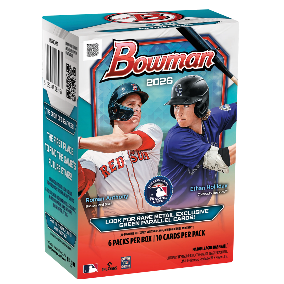 2026 Topps Bowman Baseball Value Blaster Box with 1st Bowman prospects, MLB rookies, inserts, and autograph