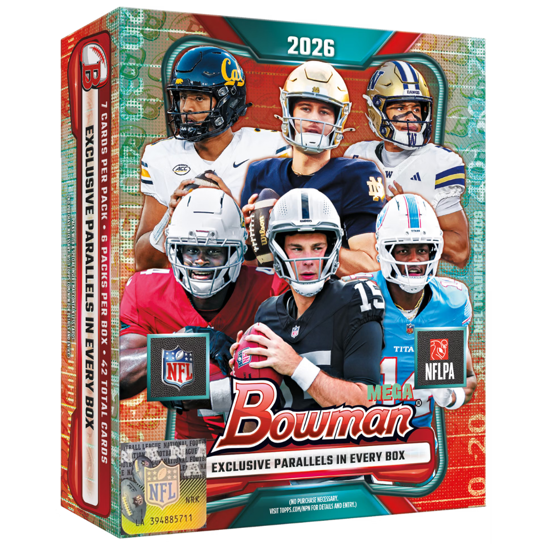 2026 Topps Bowman Football Mega Box with 6 packs, 42 trading cards, exclusive parallels, and NFL rookie cards