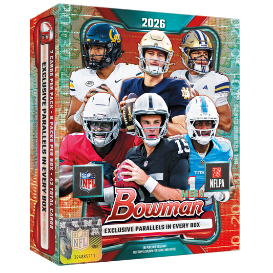 2026 Topps Bowman Football Mega Box with 6 packs, 42 trading cards, exclusive parallels, and NFL rookie cards