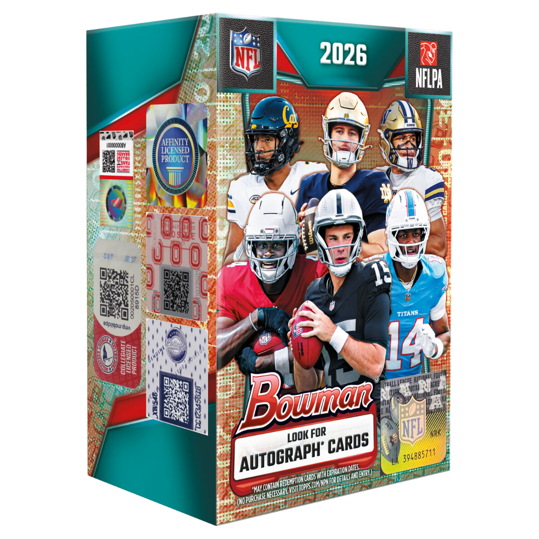 2026 Topps Bowman Football Value Blaster Box with 6 packs, 60 trading cards, NFL rookies, and 1st Bowman prospects